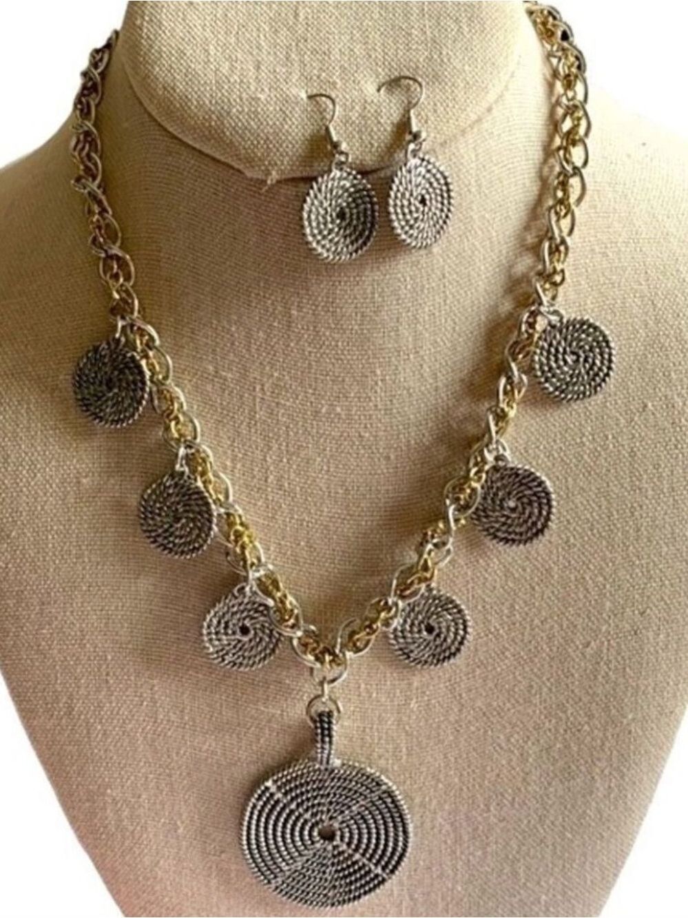 Silver Tone with Gold Tone Disk Necklace & Pierced Earring Set